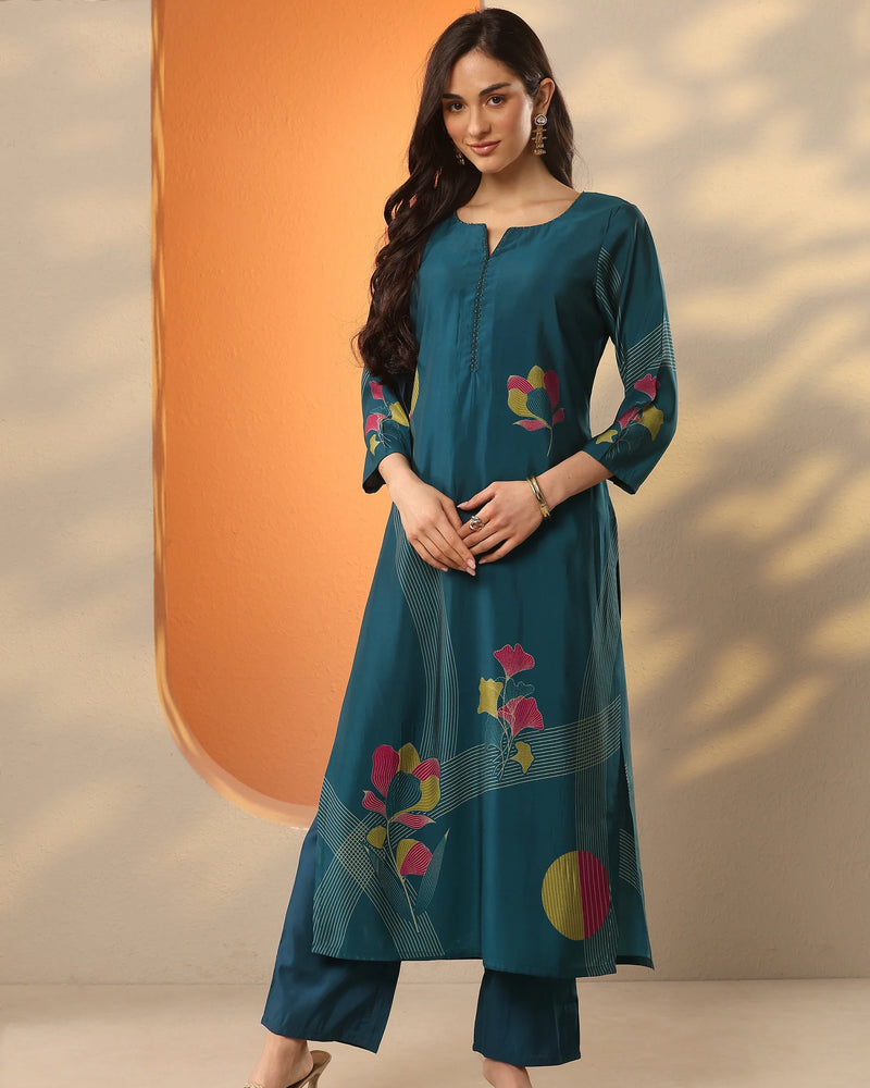Women's Blue Printed Silk Blend Straight Kurta