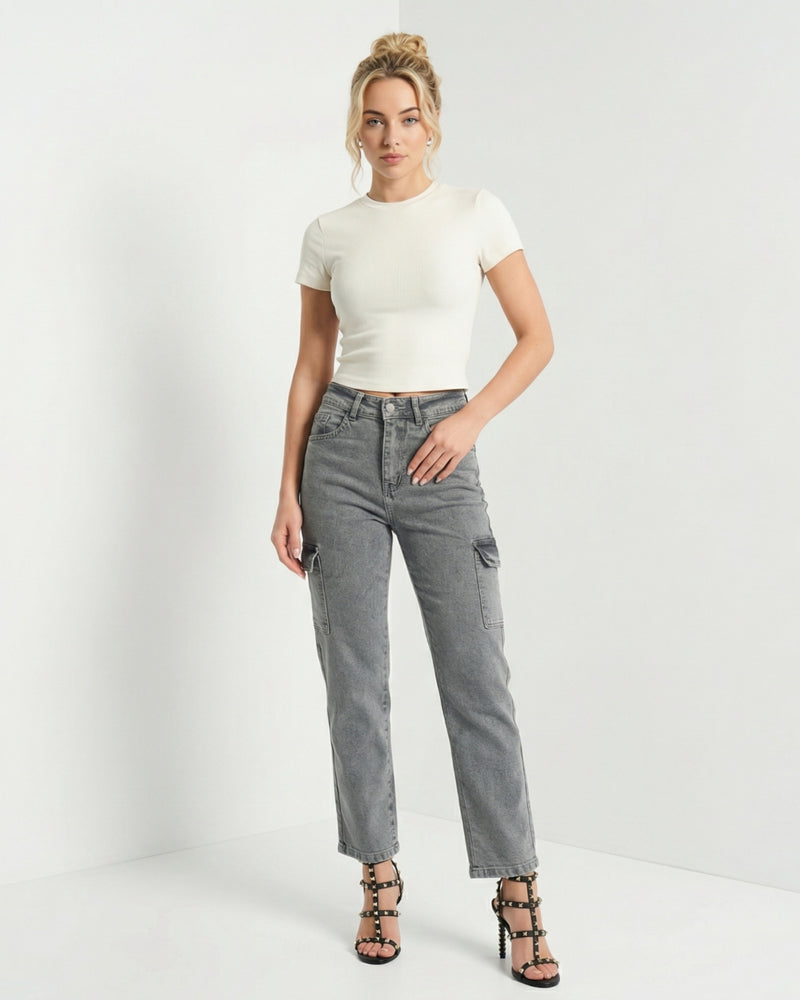 Women's high-waisted design in a washed grey jeans