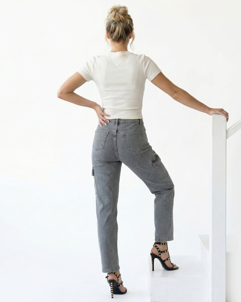 Women's high-waisted design in a washed grey jeans
