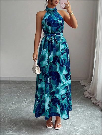 Floerns Women's Floral Halter Boho Maxi Dress Sleeveless Belt Vacation A Line Dresses