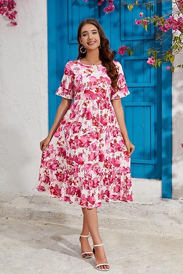 Casual Short Sleeve Tiered Flowy Spring Dress Long Midi Beach Sundress Vacation Outfits