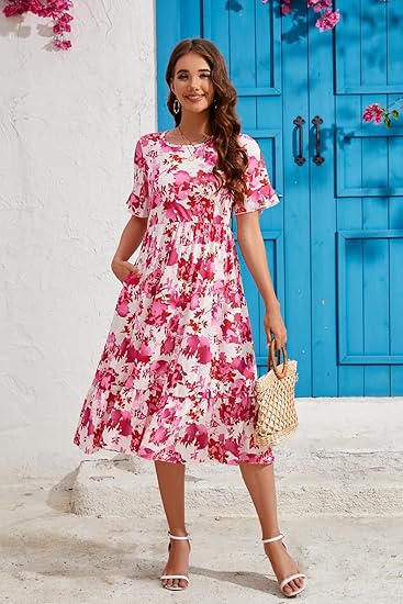Casual Short Sleeve Tiered Flowy Spring Dress Long Midi Beach Sundress Vacation Outfits