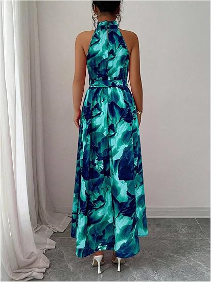 Floerns Women's Floral Halter Boho Maxi Dress Sleeveless Belt Vacation A Line Dresses