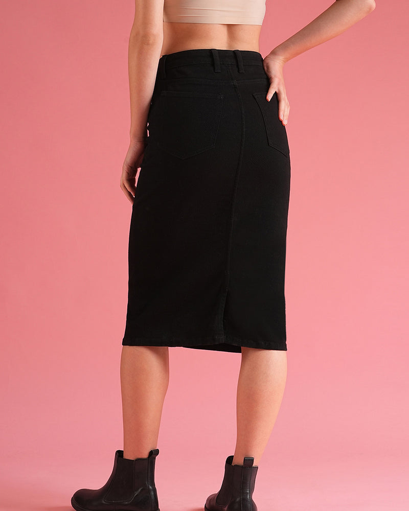 Women Black Back Slit Denim Pencil Skirt