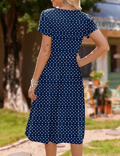 Women's Summer A-Line Midi Dresses Casual Floral Short Sleeve T-Shirt Dress Flowy Beach Sundress with Pockets
