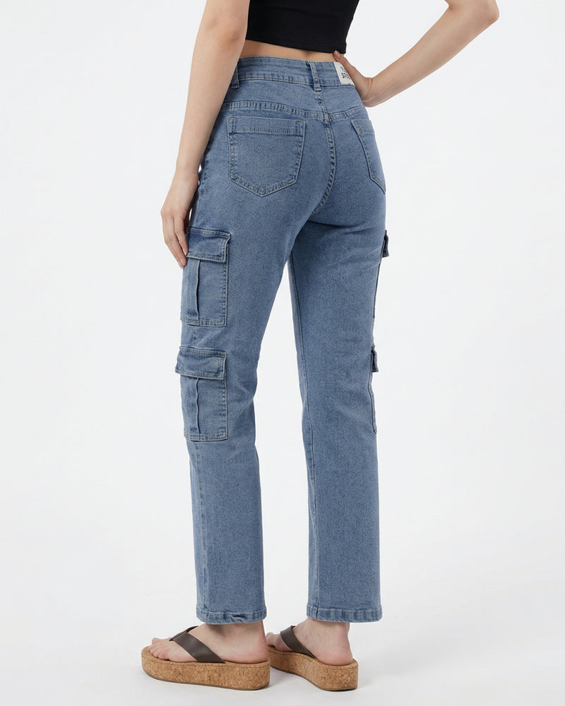 high-rise light wash blue denim cargo jeans