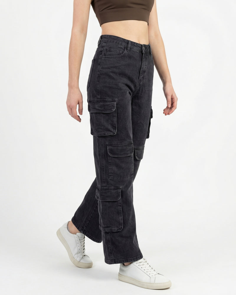 black high-waisted wide-leg cargo jeans