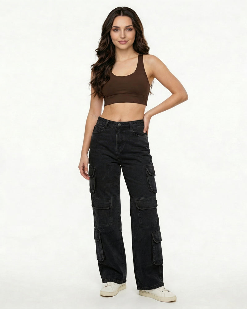 black high-waisted wide-leg cargo jeans