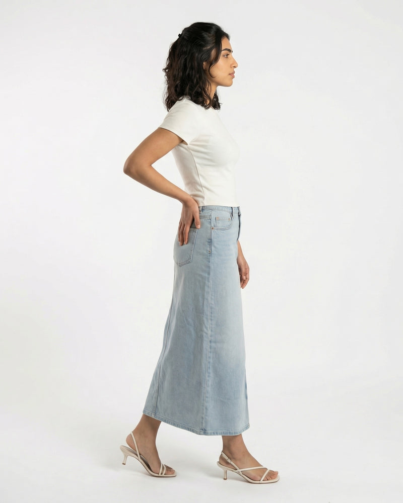 light blue denim midi skirt