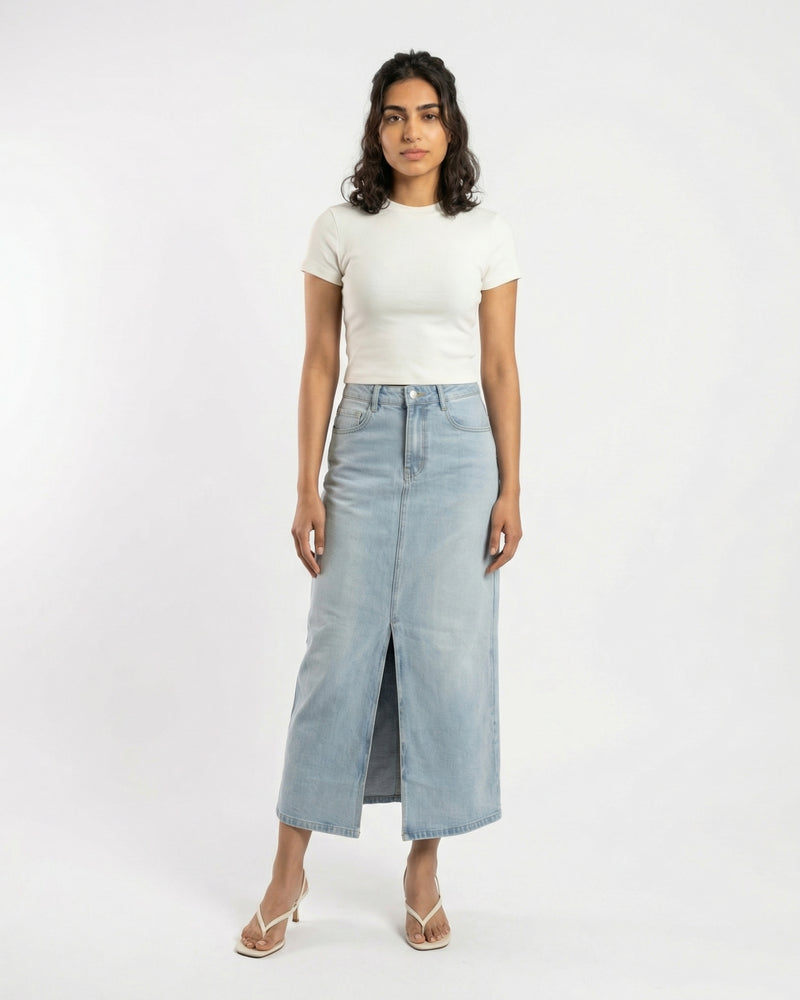 light blue denim midi skirt