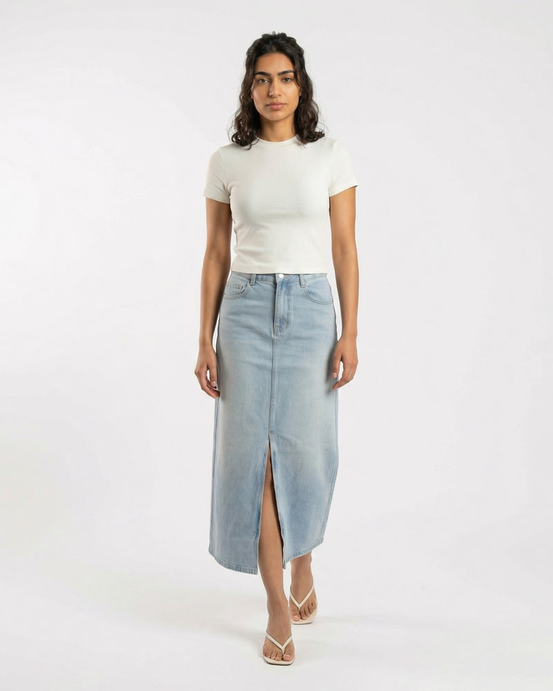 light blue denim midi skirt
