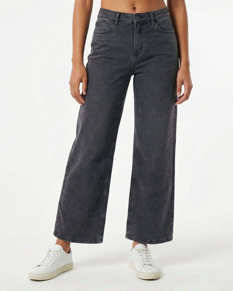 women's washed charcoal or grey wide-leg jeans,