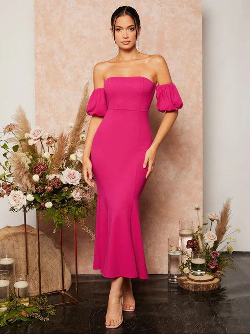 Women Off-Shoulder Puff Sleeve Bodycon Midi Dress