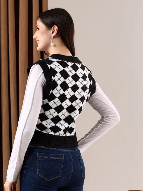 Women Printed Crop Sweater Vest
