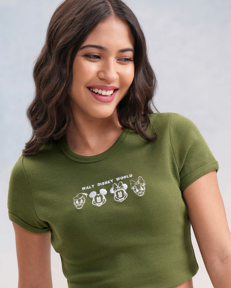Women Disney Mickey & Friends Printed Ribbed Cotton T shirt