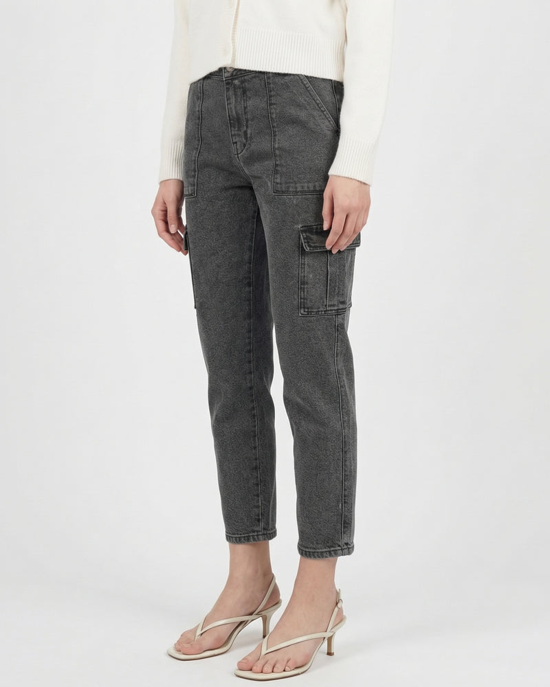 charcoal grey cargo-style denim jeans