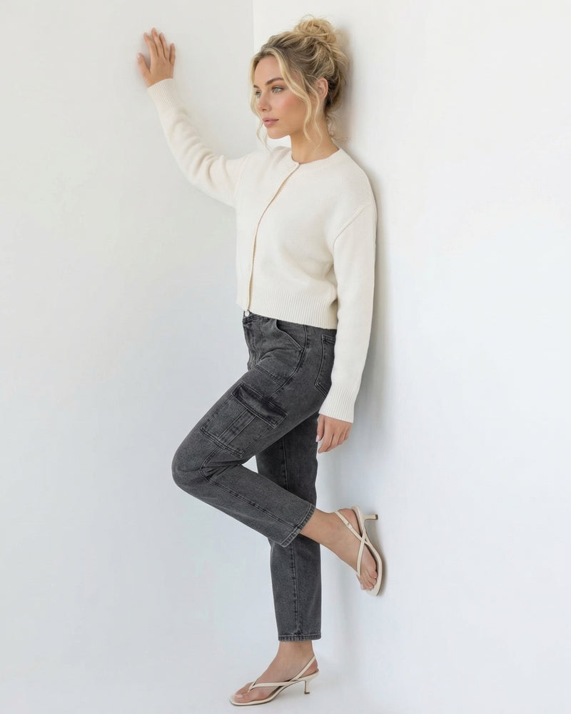 charcoal grey cargo-style denim jeans