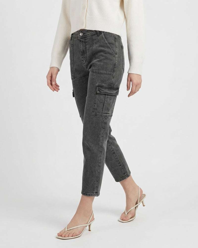 charcoal grey cargo-style denim jeans
