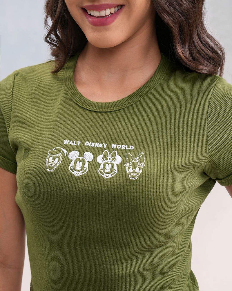 Women Disney Mickey & Friends Printed Ribbed Cotton T shirt