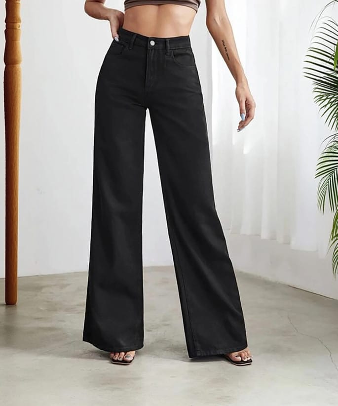 Women's Black Relaxed fit Wide-Leg Jeans