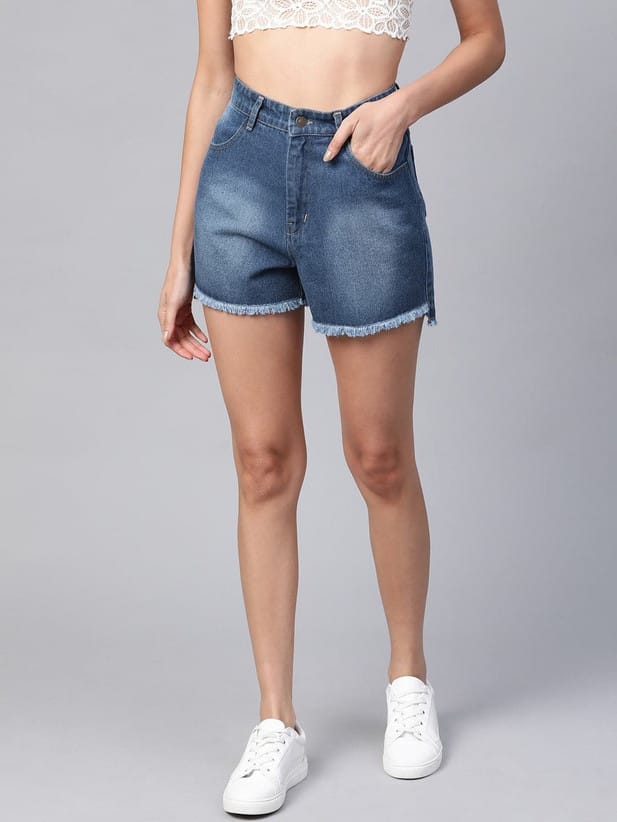 Light Blue Denim Washed Solid Shorts