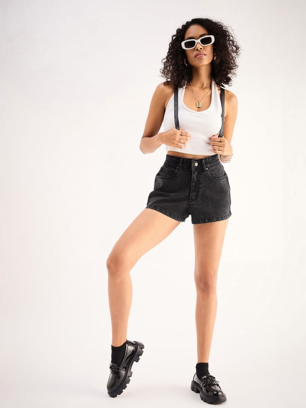 Solid Women Denim Black shorts