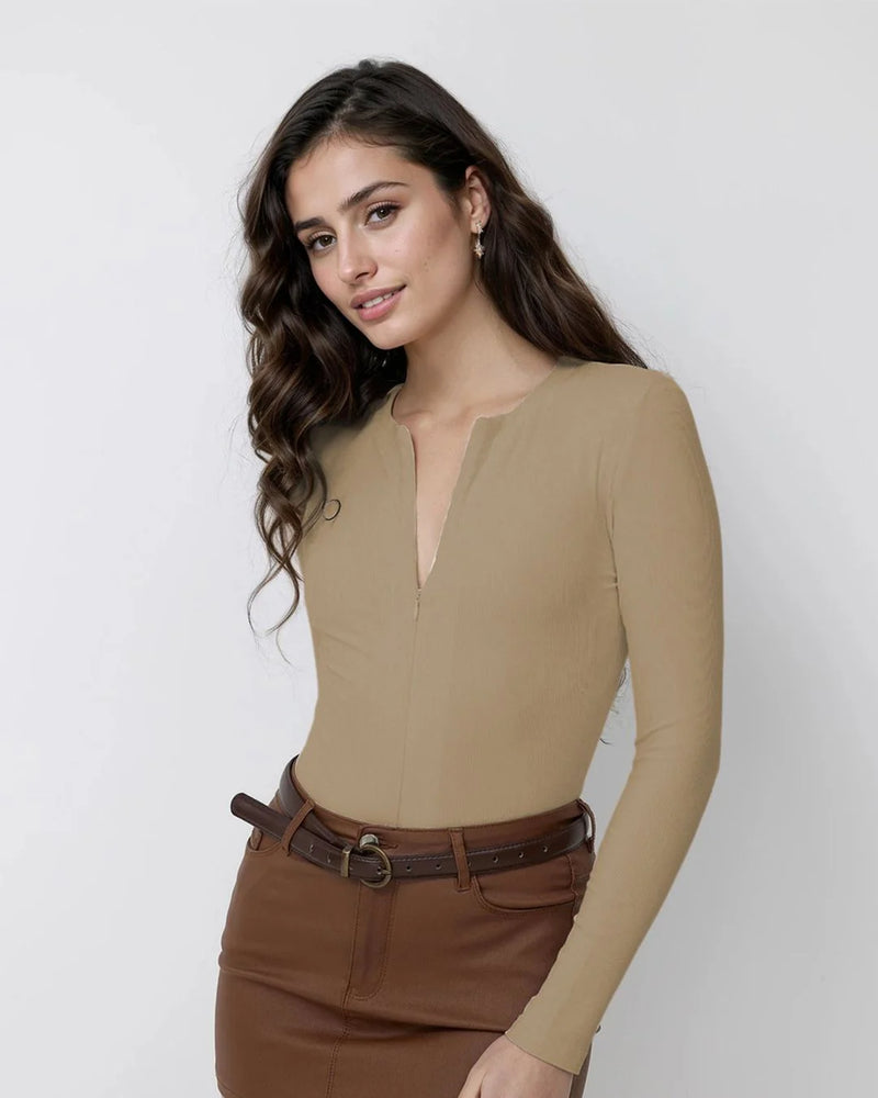 Women V-Neck Long Sleeves Fitted Top