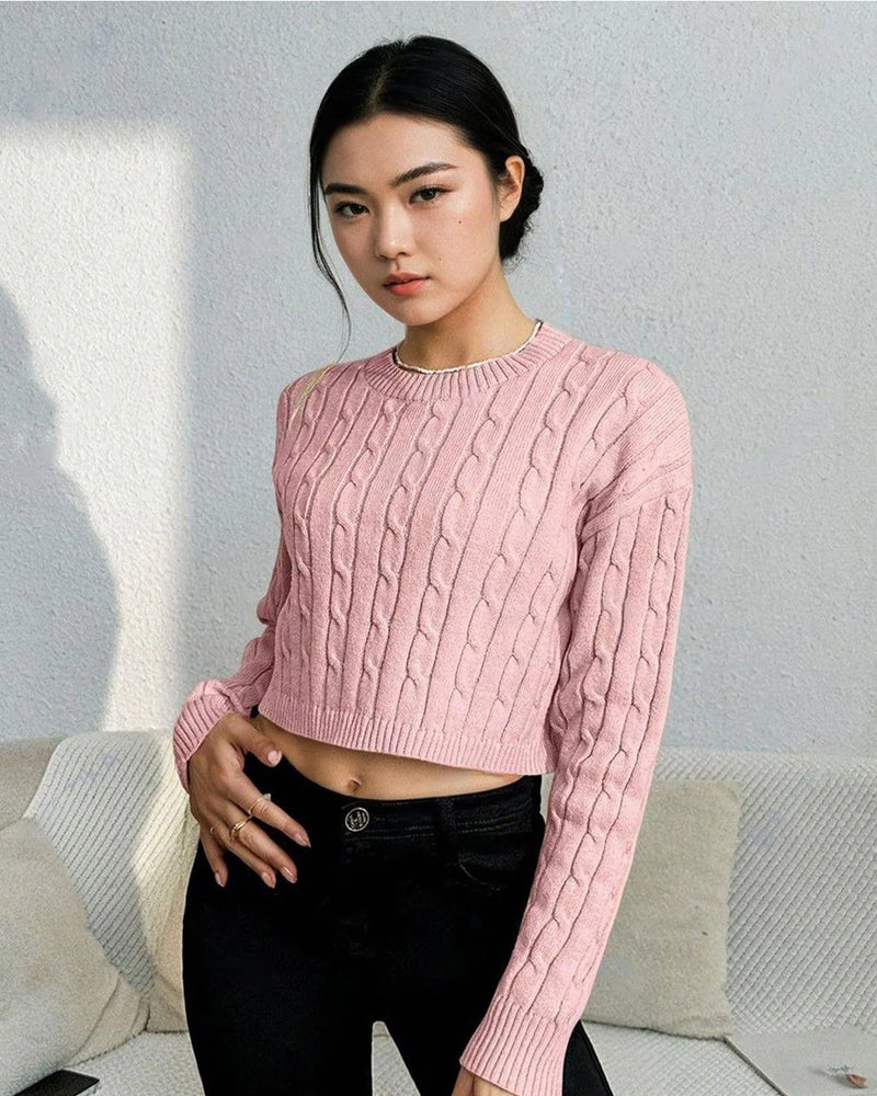 Women Cable Knit Round Neck Long Sleeves Crop Pullover Sweaters