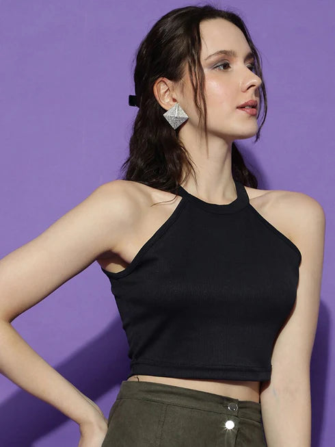 Basics Halter Neck Ribbed Cotton Fitted Crop Top