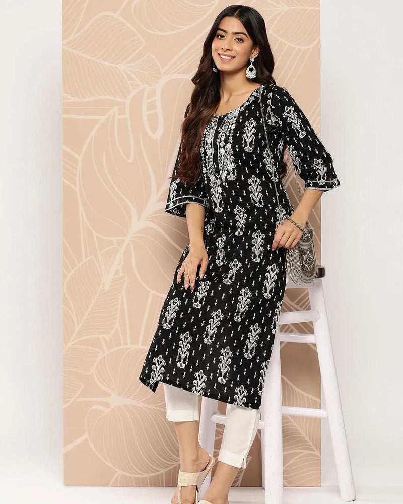 Black Embellished Cotton Straight Kurta