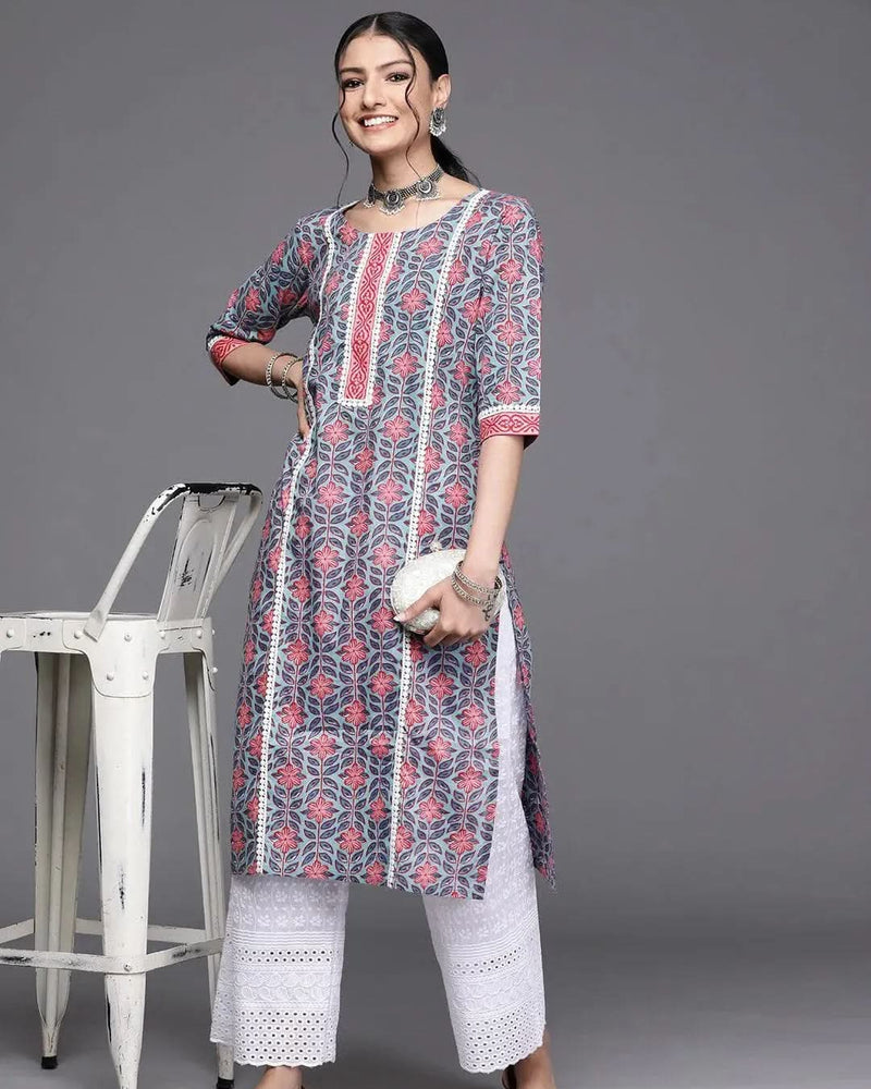 Blue Printed Cotton Kurta
