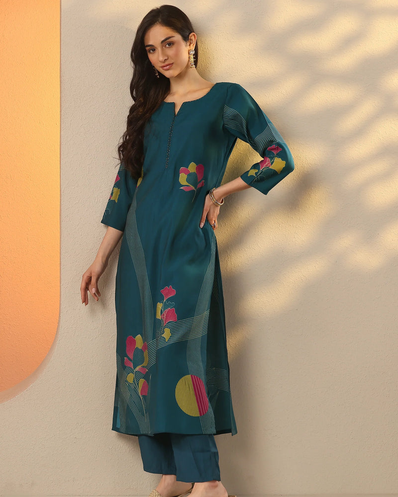 Women's Blue Printed Silk Blend Straight Kurta