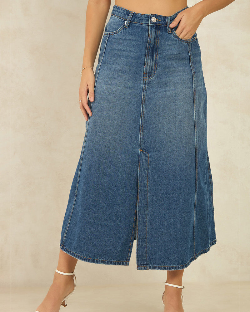 Pure Cotton Denim Panelled Midi Slit Skirt