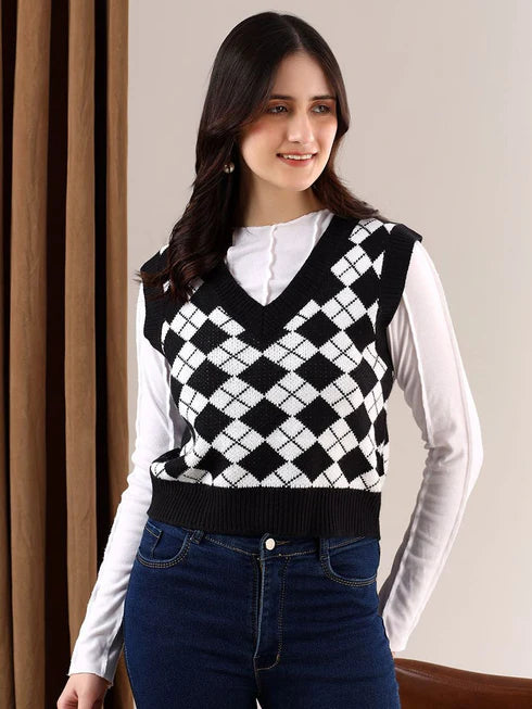 Women Printed Crop Sweater Vest