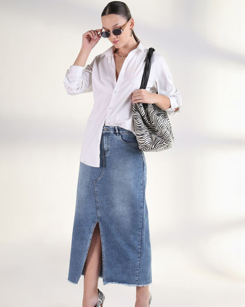 Blue Washed Denim Maxi Pencil Skirts