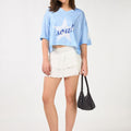 Women Blue Graphic Printed Oversized Crop Mesh T-shirt