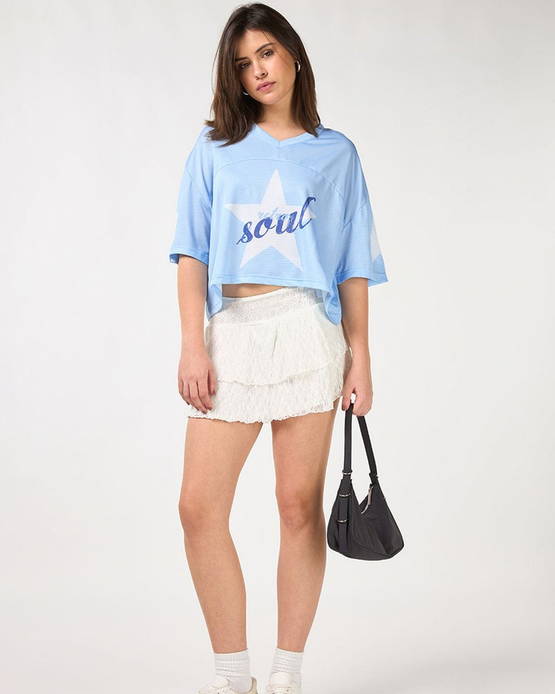 Women Blue Graphic Printed Oversized Crop Mesh T-shirt