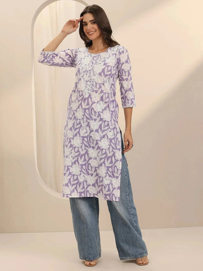 Lavender Straight Printed Cotton Kurta