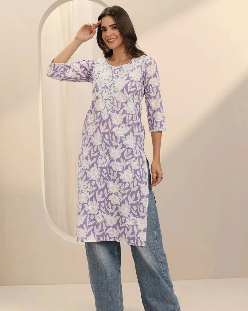 Lavender Straight Printed Cotton Kurta