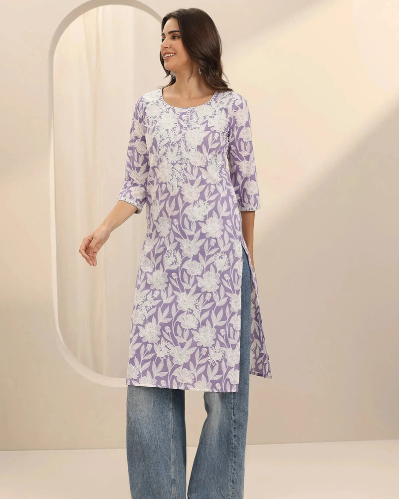 Lavender Straight Printed Cotton Kurta