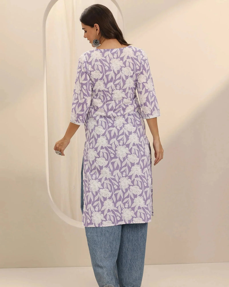 Lavender Straight Printed Cotton Kurta