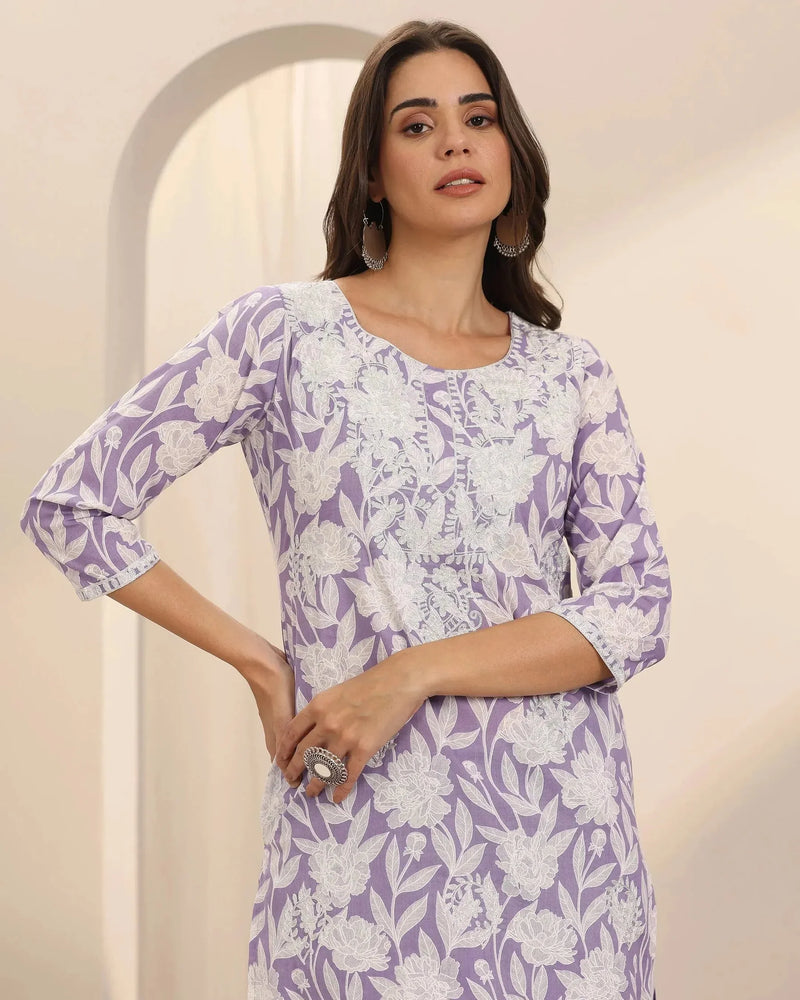 Lavender Straight Printed Cotton Kurta