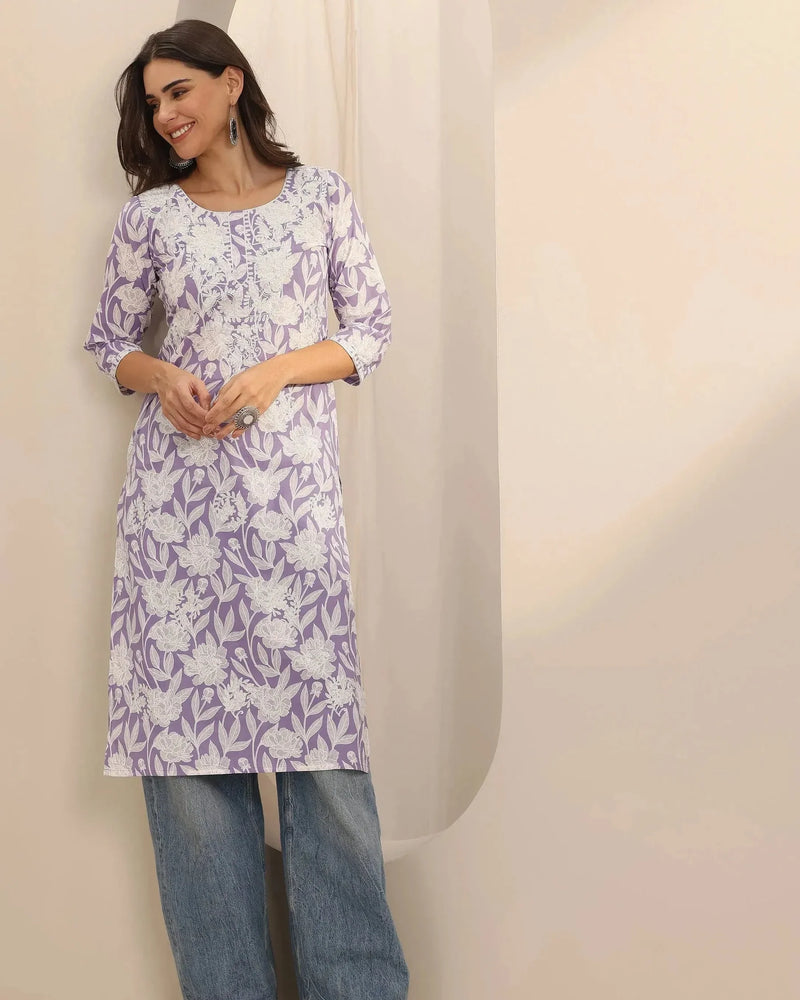 Lavender Straight Printed Cotton Kurta