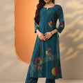 Women's Blue Printed Silk Blend Straight Kurta