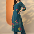 Women's Blue Printed Silk Blend Straight Kurta