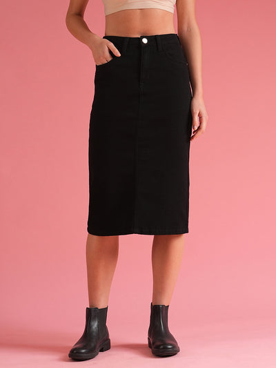 Women Black Back Slit Denim Pencil Skirt