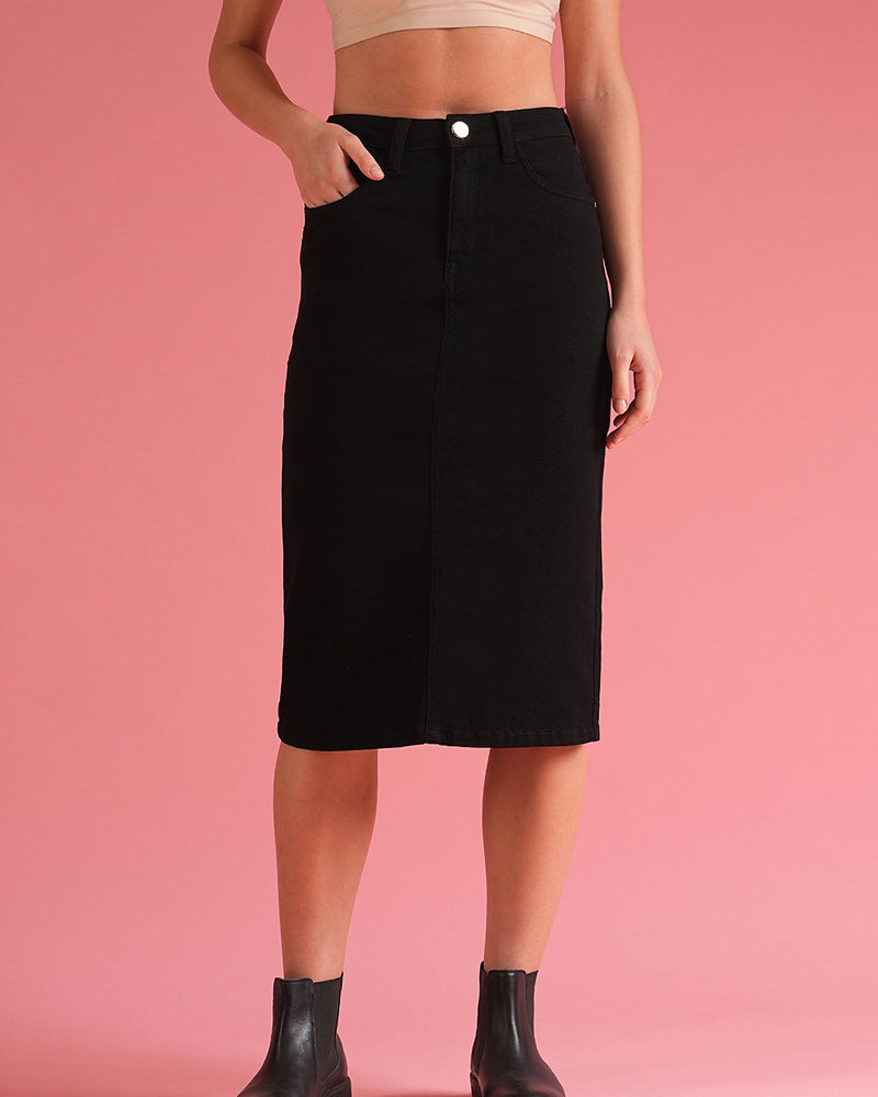 Women Black Back Slit Denim Pencil Skirt