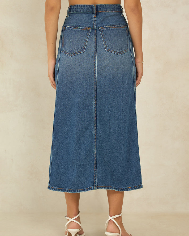 Pure Cotton Denim Panelled Midi Slit Skirt
