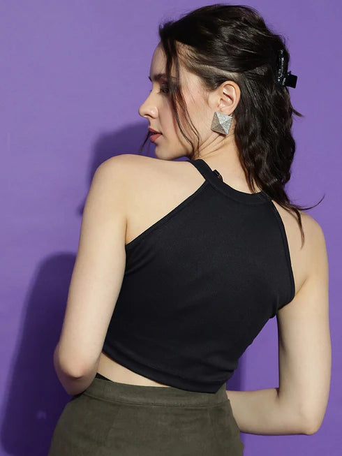 Basics Halter Neck Ribbed Cotton Fitted Crop Top