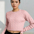 Women Cable Knit Round Neck Long Sleeves Crop Pullover Sweaters